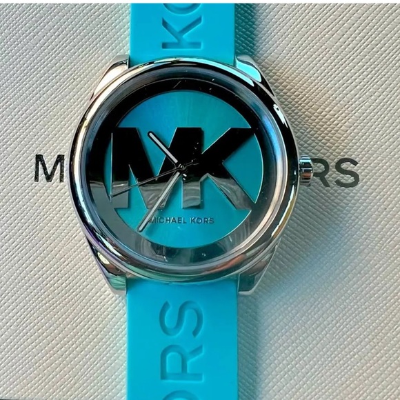 Michael Kors Janelle Watch Silver MK Logo Dial Aqua Blue Sili… NIB - Picture 3 of 13